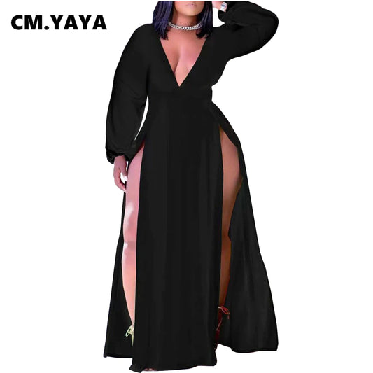 Women plus Size Dress Solid Cleavage Splited Maxi Long Dresses Female Fashion Sexy Night Club Vestidos Autumn Outfits